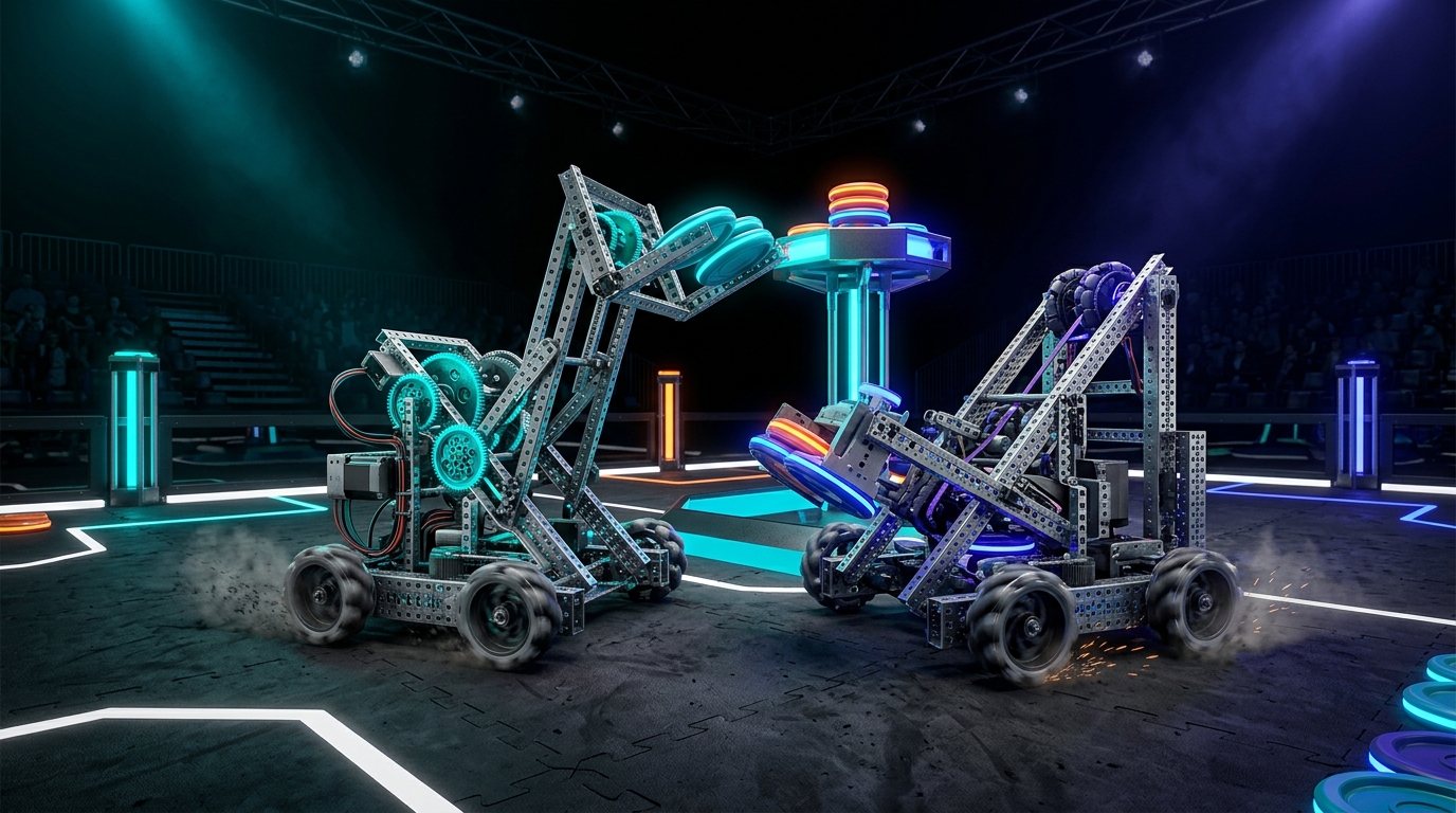 VEX robots competing on a tournament field