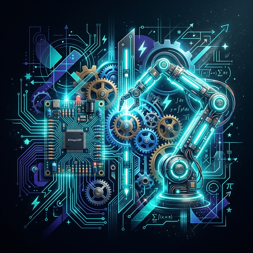 Robotic arm, gears, and circuitry representing STEM education